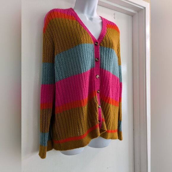 Dee Elly Pink green orange Knit Open Front button Cardigan medium - Picture 3 of 8